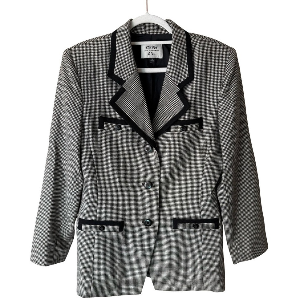 Kasper Vintage 100% Wool Houndstooth Blazer - Black and White Size 8 Tailored